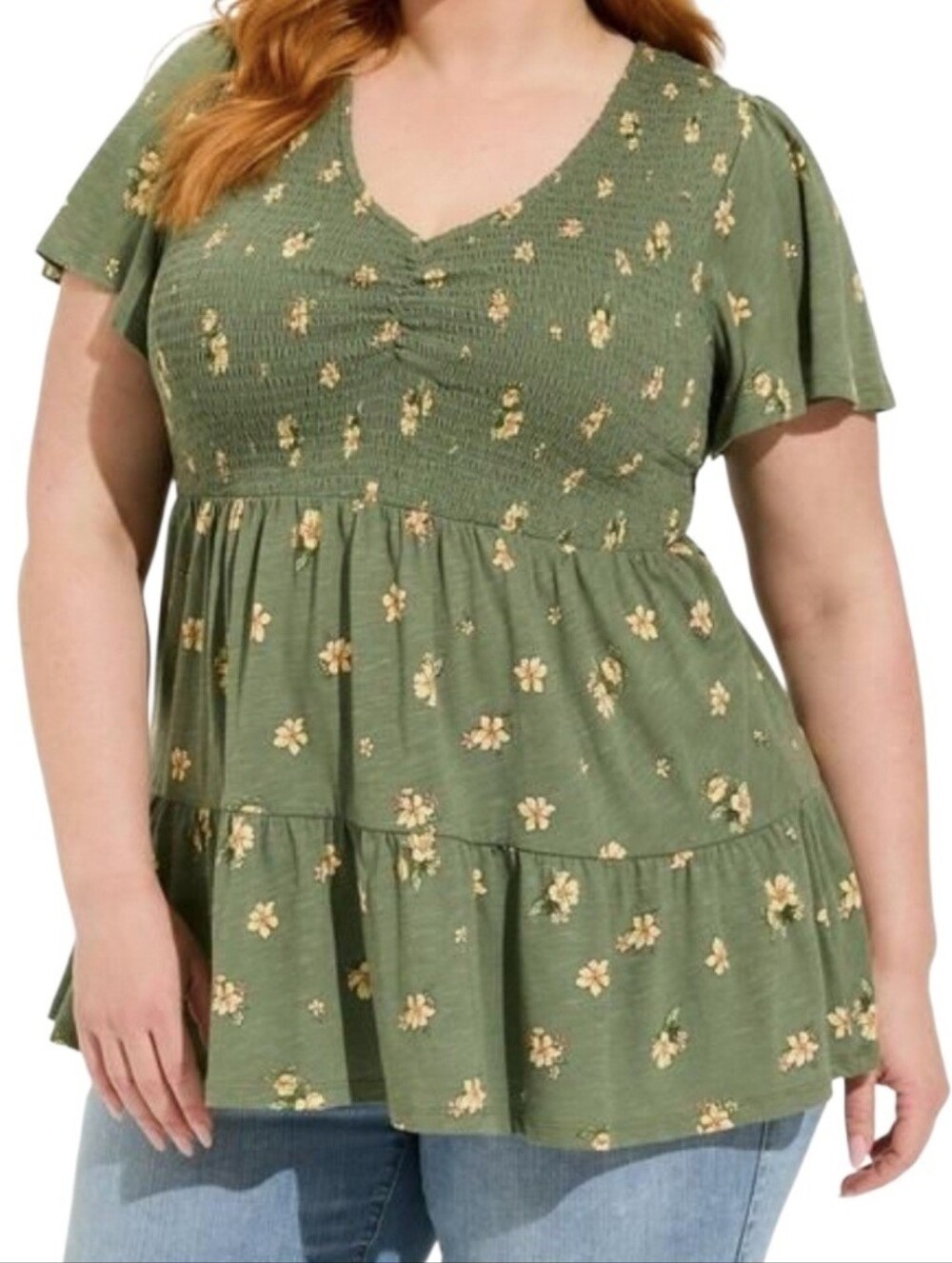Torrid Smocked Tiered Peplum Babydoll Top Short Sleeve Floral Olive Green 3X